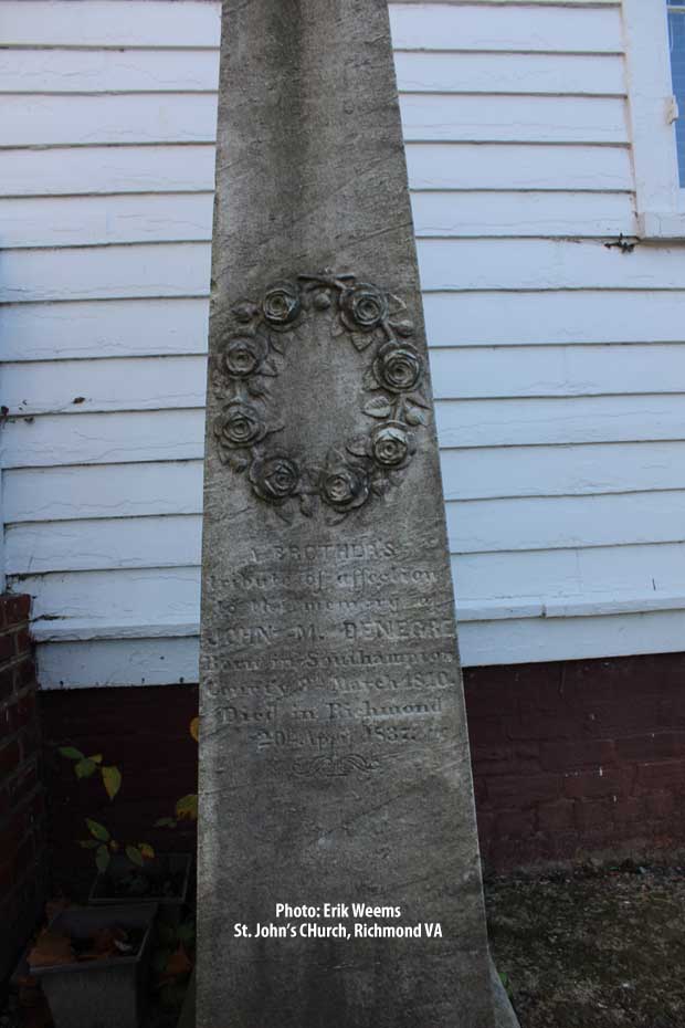 John Denegre stone at St Johns church Richmond Virginia