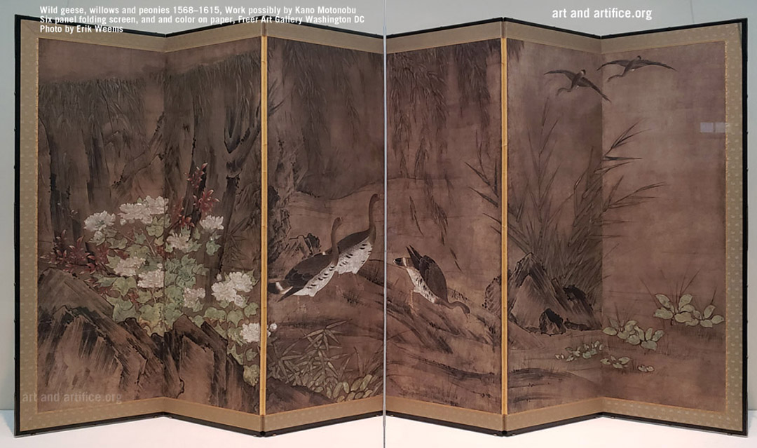 Wild geese, willows and peonies 1568–1615 - folding screen - Work possibly by Kano Motonobu six panel folding screen, and and color on paper Freer Art Gallery Washington DC  Photo by Erik Weems